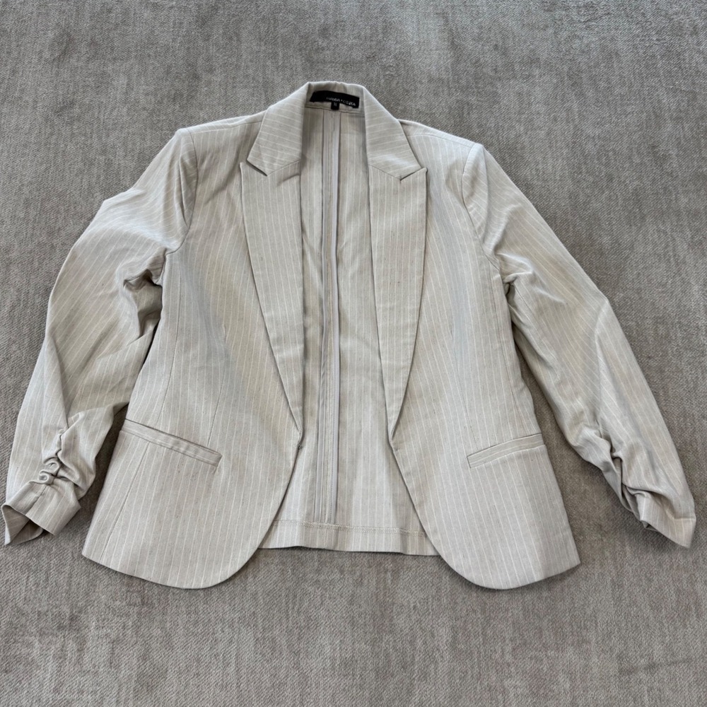 Amanda + Chelsea Beige Pinstripe Ruched Sleeve Linen Blend Blazer Jacket Size M